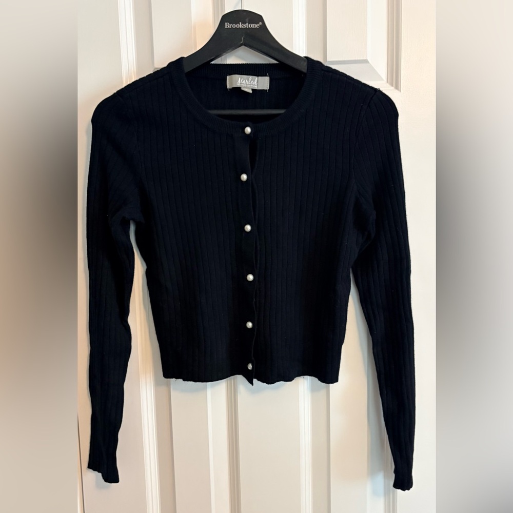 Marled Black Ribbed Pearl Button Cardigan